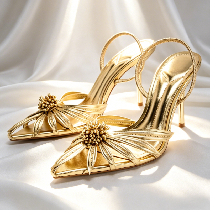 Luxury Lifestyle Shoes - Luxury Gold Floral Detail Slingback Heels
